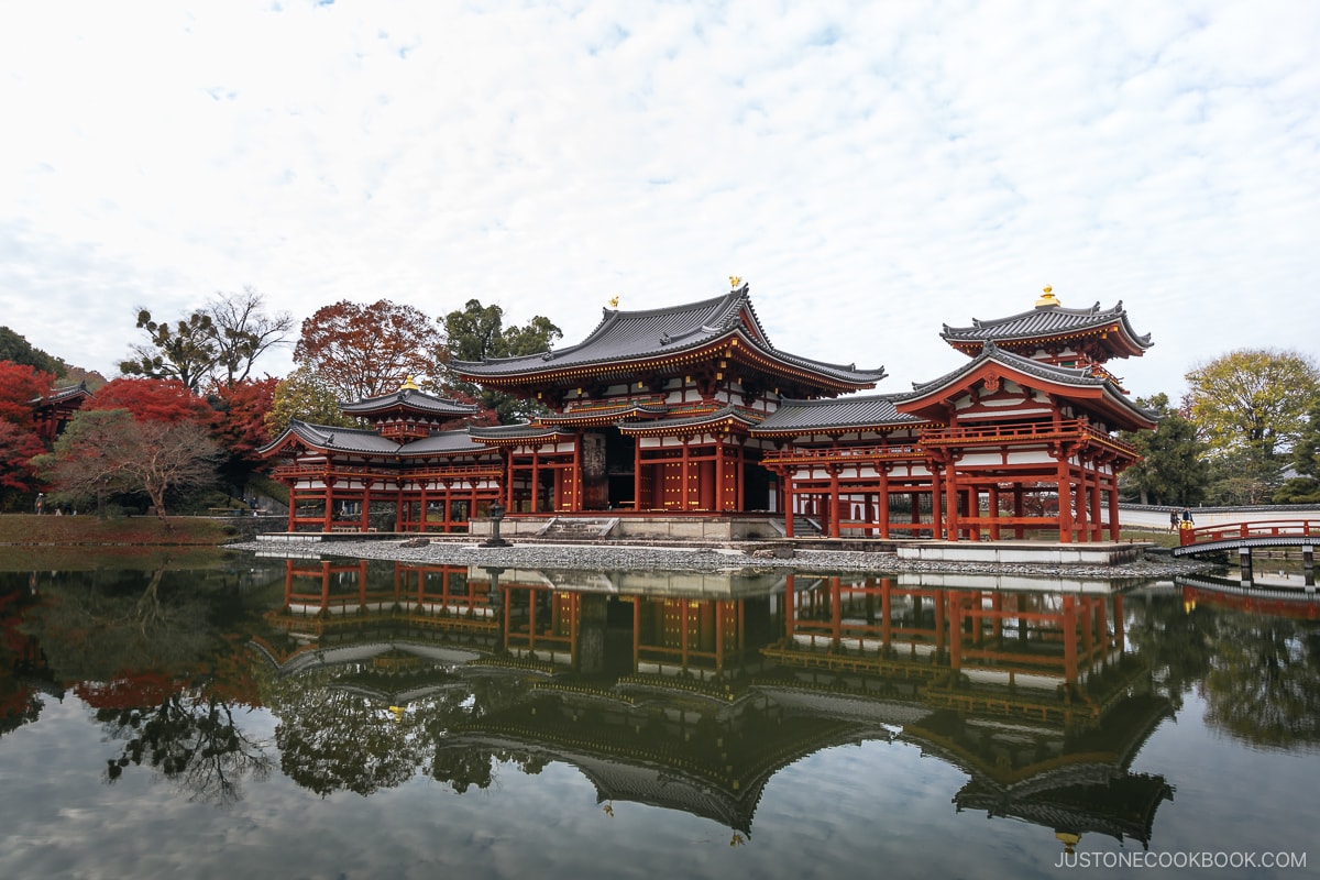 Temple surrounded by a moat and autumn leaves