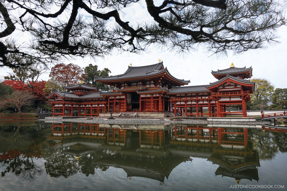 Red temple reflected in water