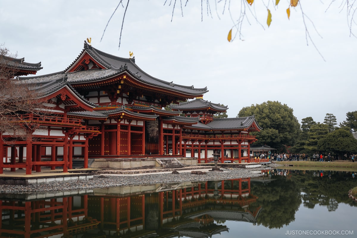 Red temple reflected in water