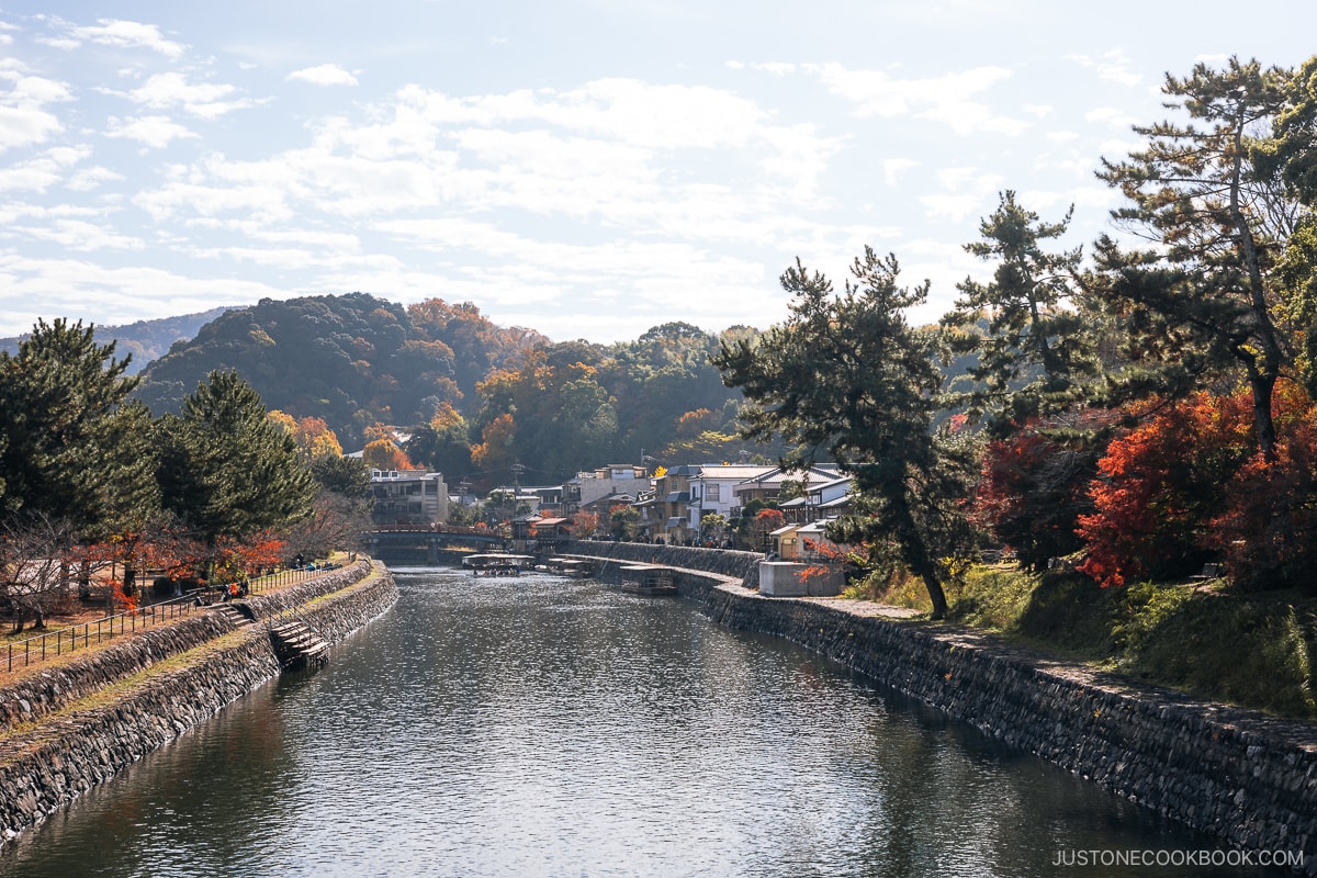 River lines with stone walkways and autumn leaves