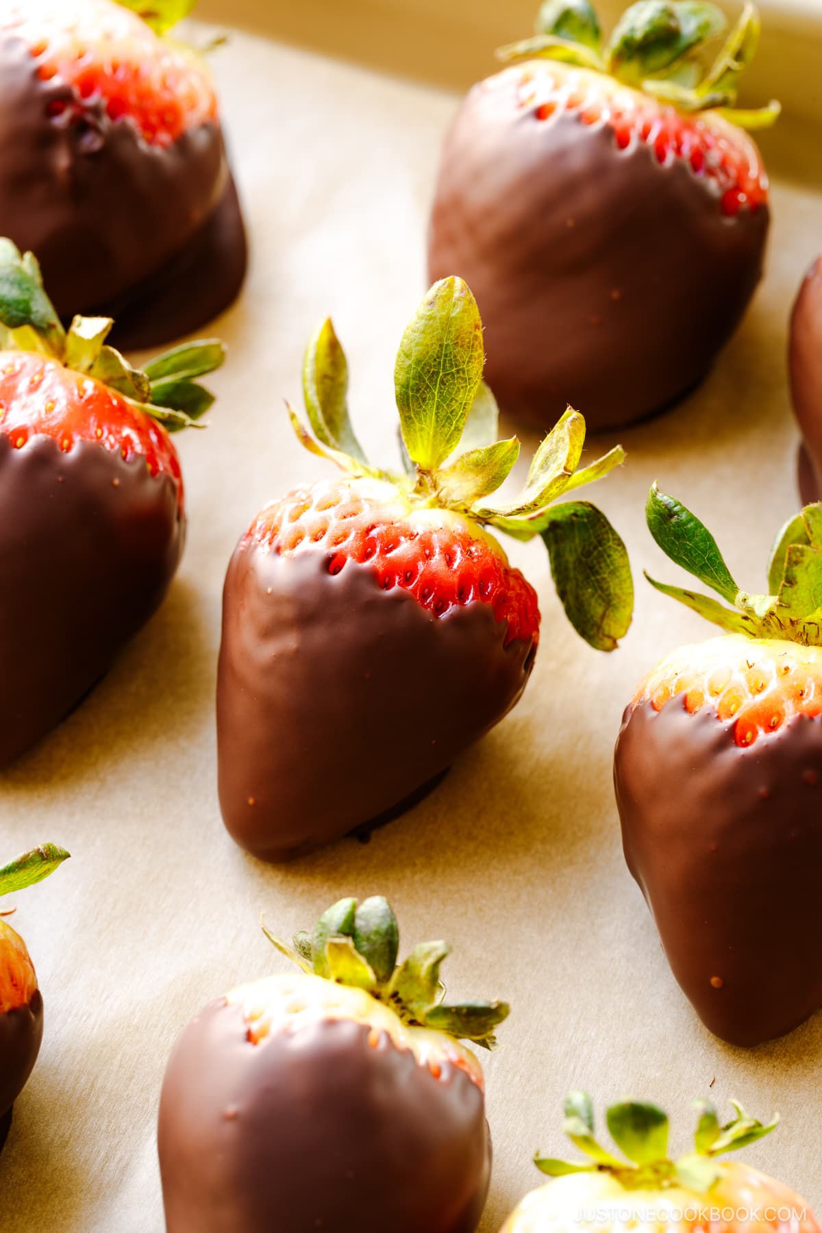 Chocolate covered strawberries on a baking sheet.