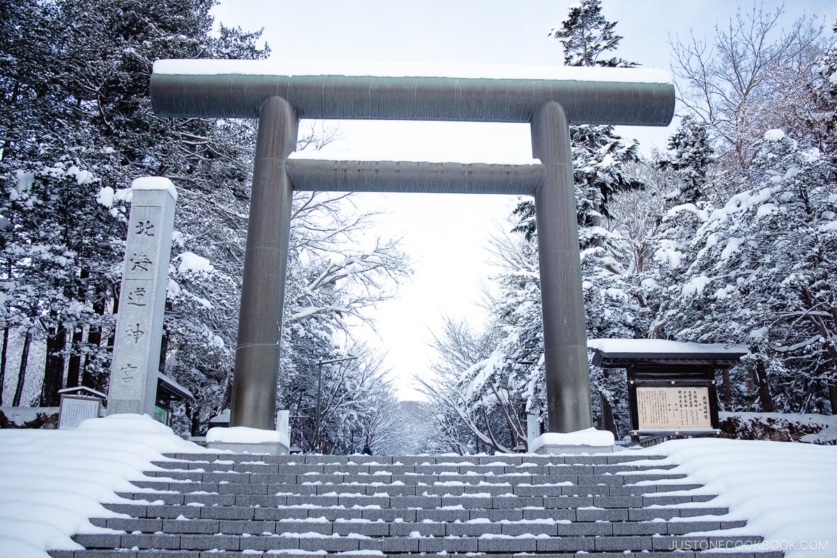Каменные ворота тории, покрытые снегом