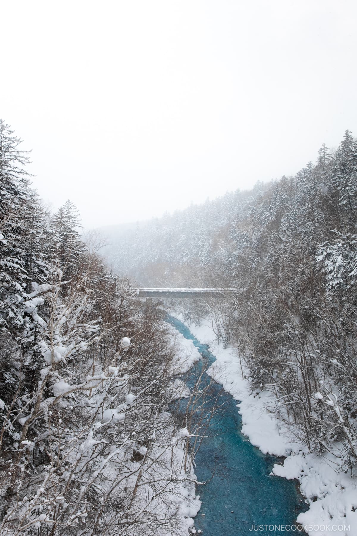 Blue river lined with snowy trees and a bridge in the background