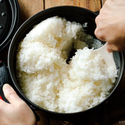 Perfectly cooked Japanese short-grain rice being fluffed with a rice paddle.