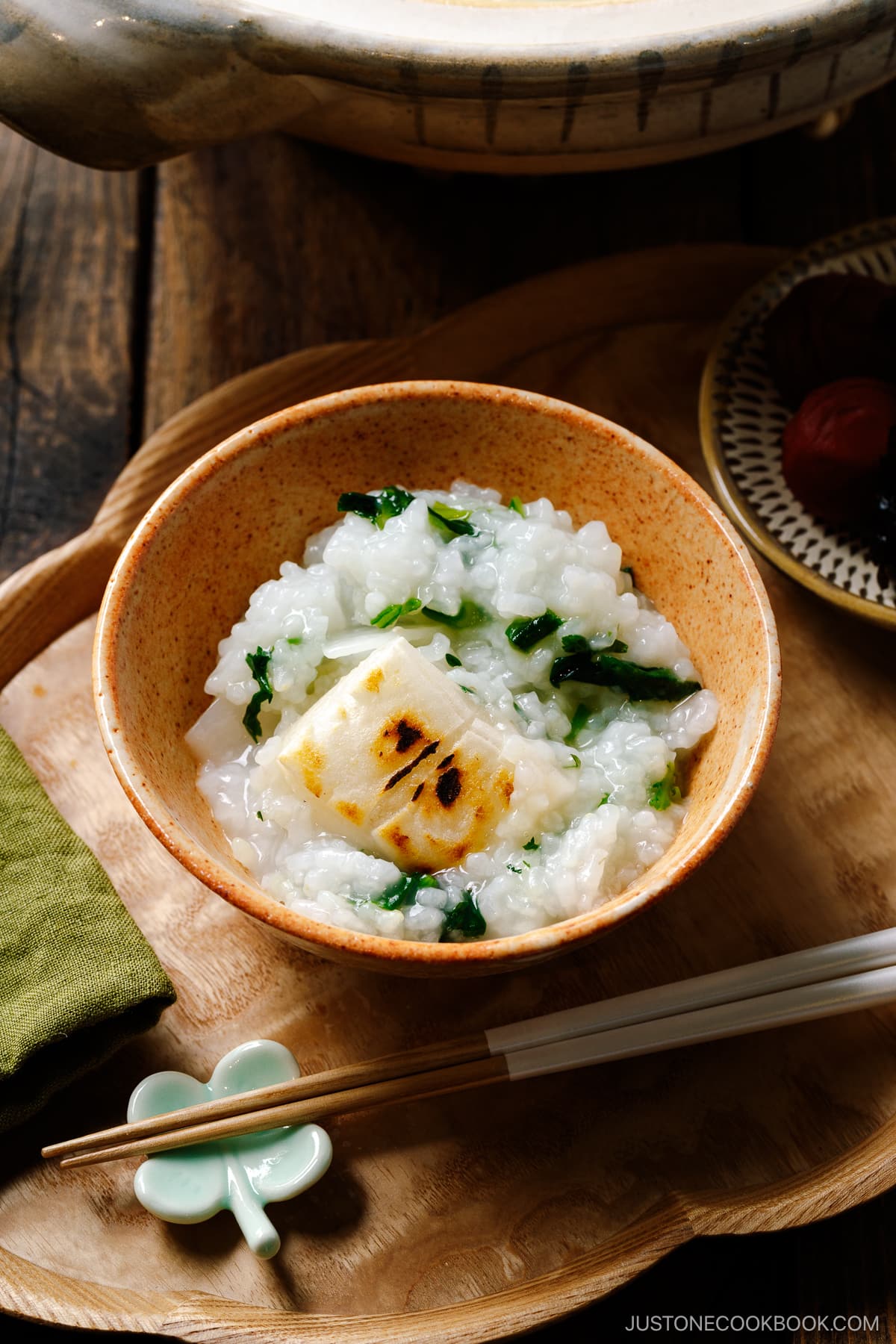 A rice bowl containing Nanakusa Gayu, Japanese seven herb rice porridge.