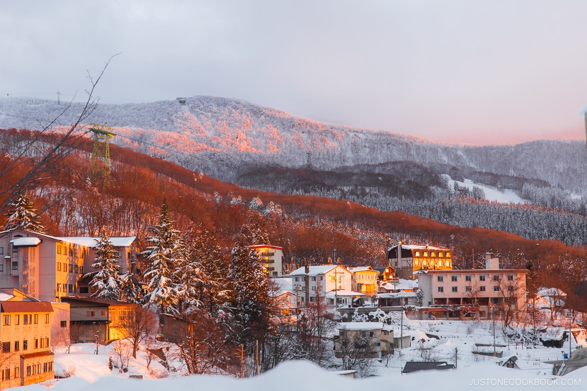 Snowy mountains at Zao Ski Resort during sunset