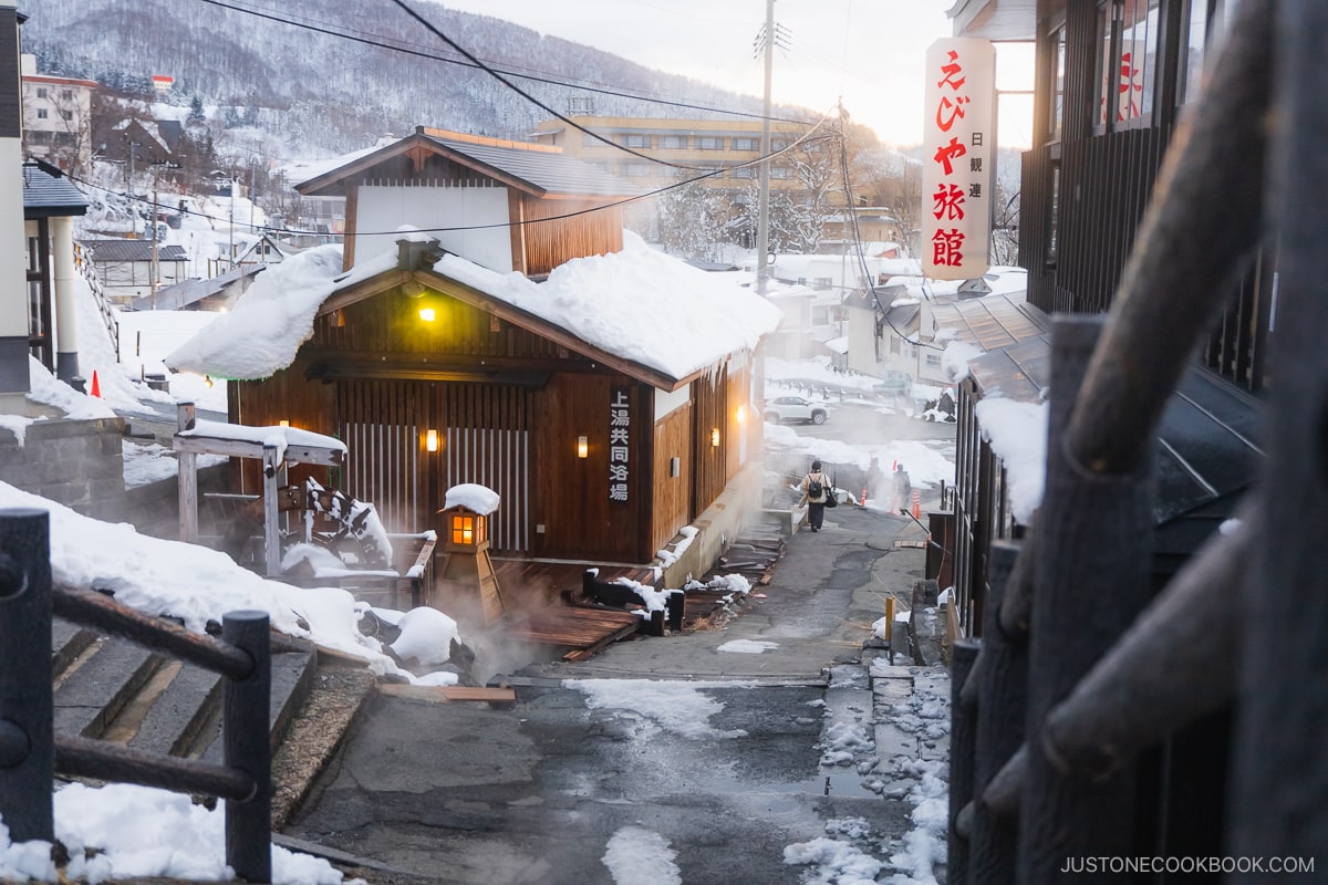 Onsen steam rising out of streets in Zao Ski Resort