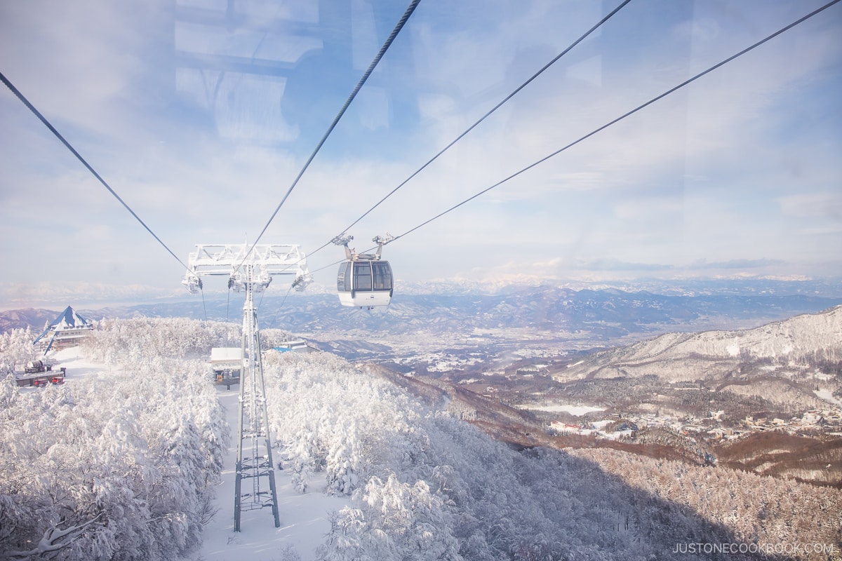View over snowy mountains from gondola