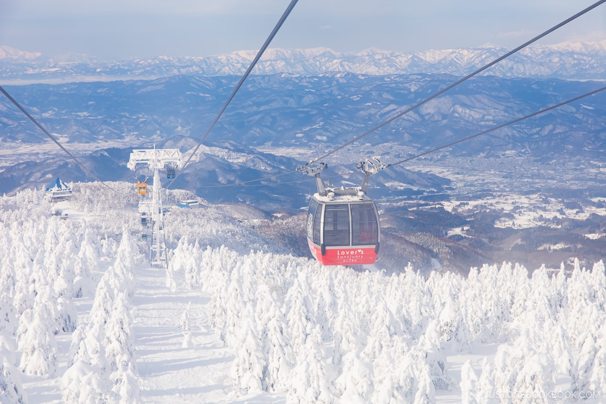 View over snowy mountains from gondola