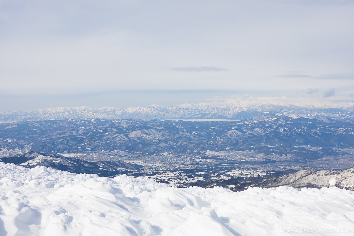 Overlooking snowy mountain ranges in Tohoku
