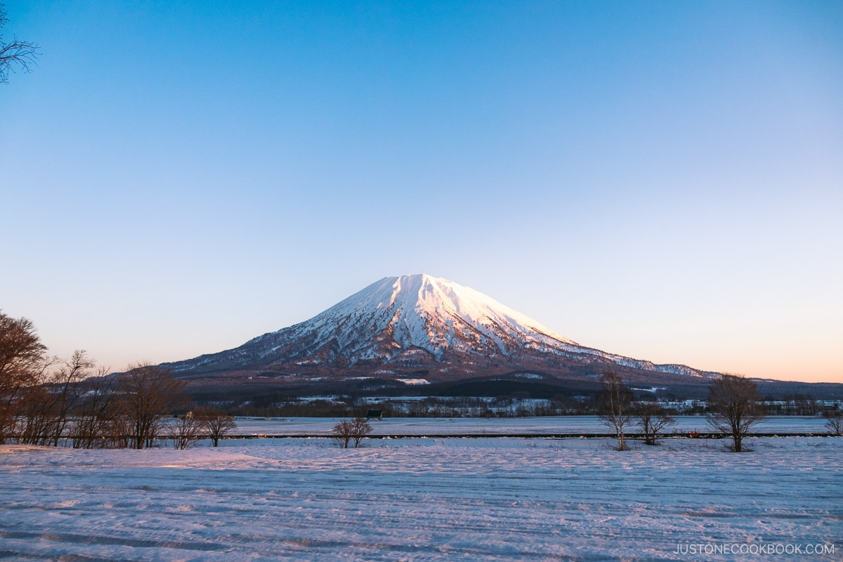 Mt Yotei in Niseko during sunset, covered in snow