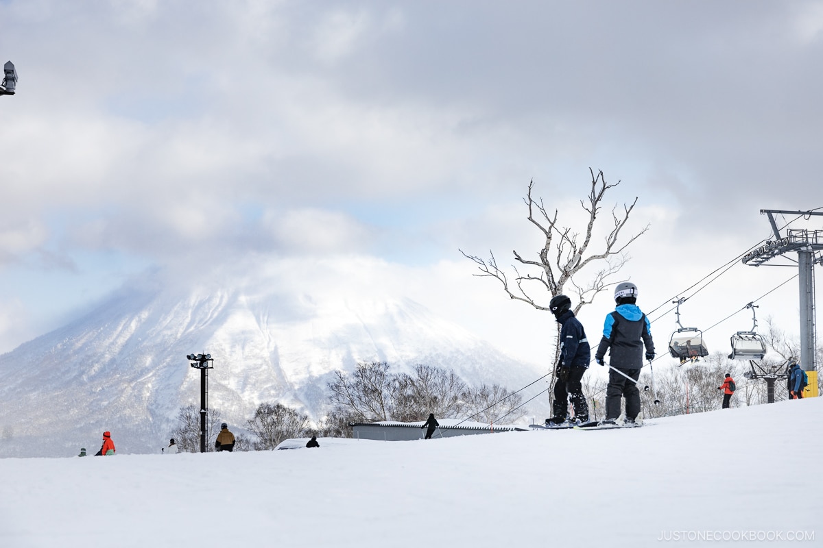 Skiiers stannding with Mt Yotei in the background