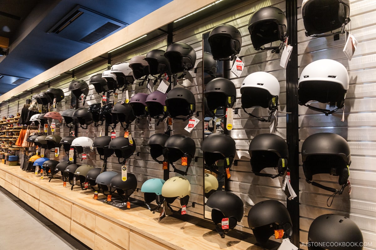 Rhythm shop in Niseko selling winter sports helmets