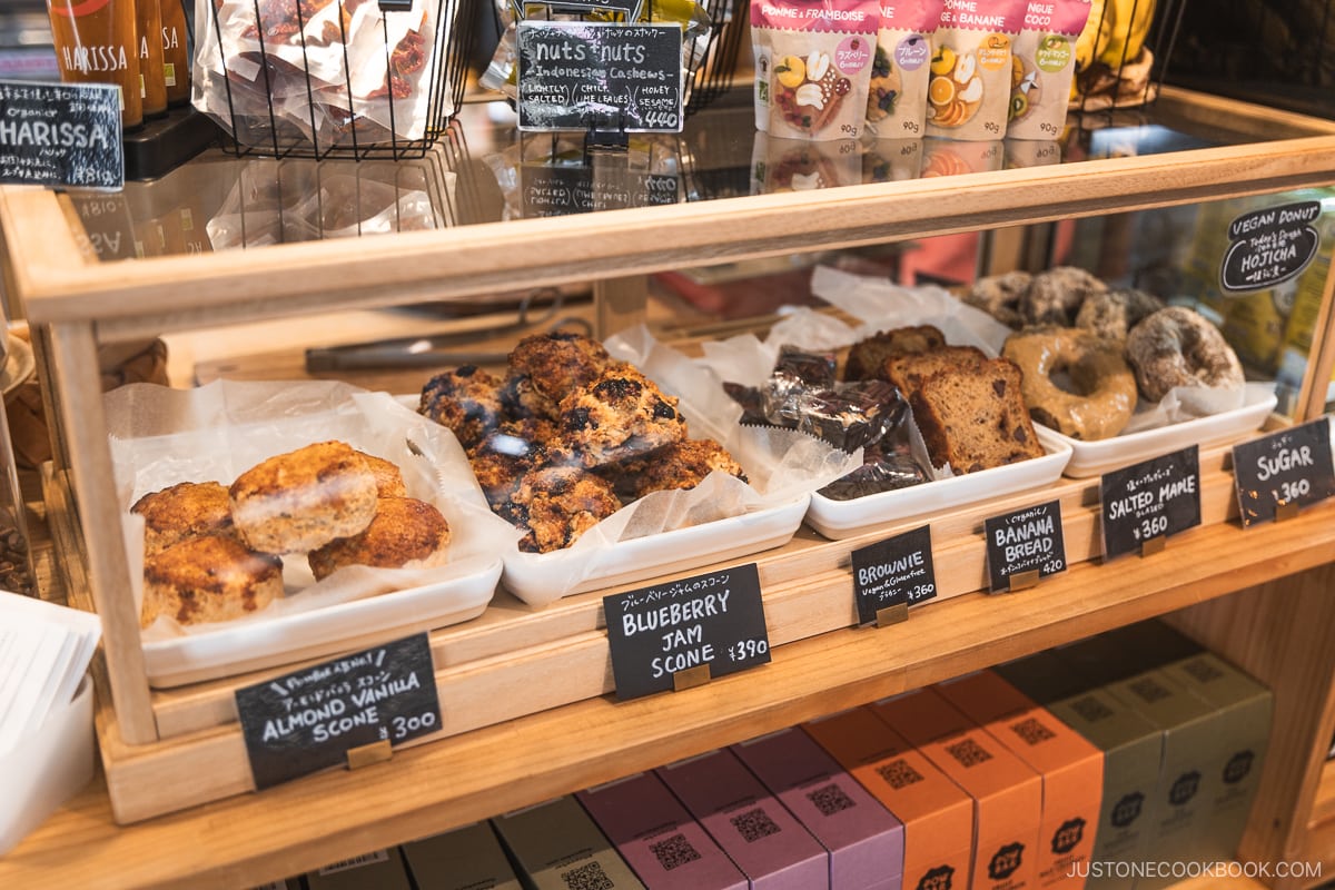 Baked sweets in a glass display case