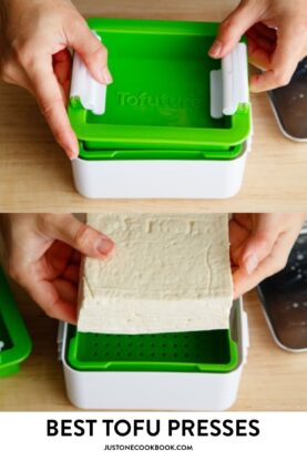 a collage of tofu press