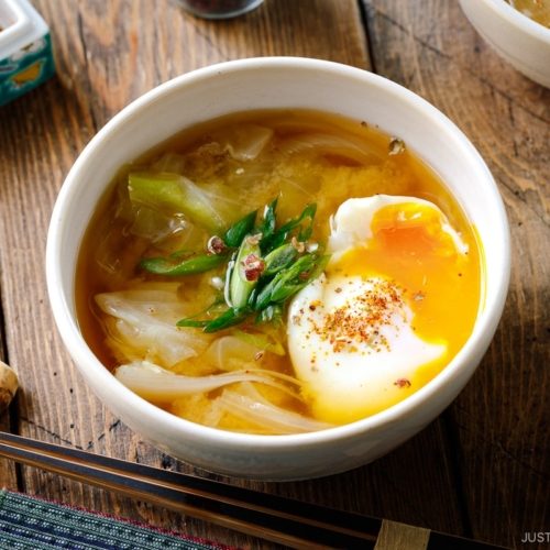 White ceramic bowls containing Cabbage and Onsen Tamago Miso Soup topped with green onions and shichimi togarashi.