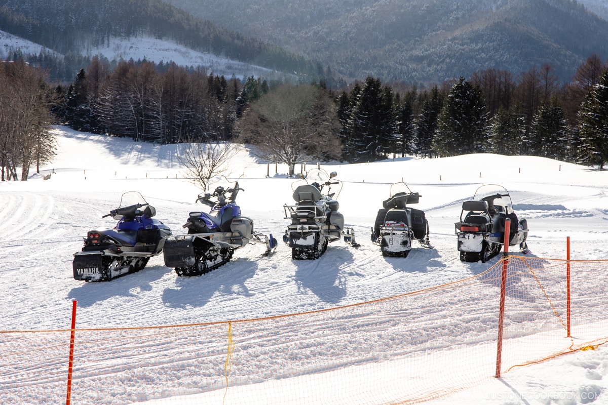 Line of 5 snowmobiles