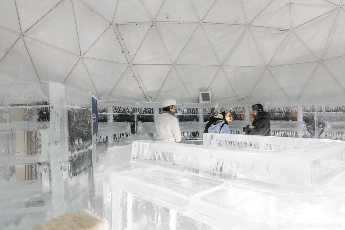 Restaurant made out of ice with counter seats