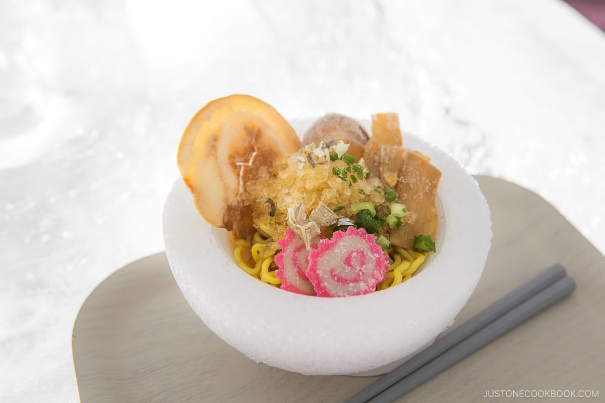 Ice ramen in a bowl made out of ice