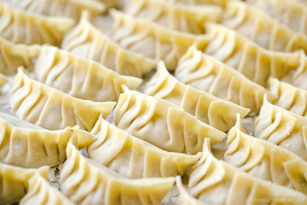 A baking sheet containing perfectly wrapped gyoza.