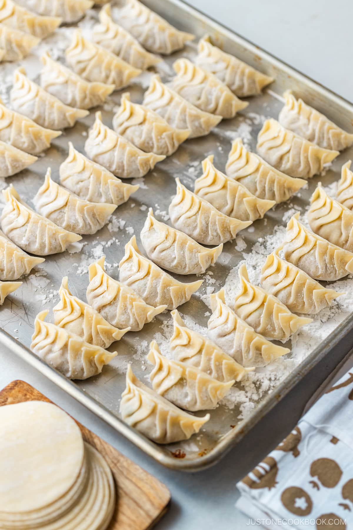 A baking sheet containing uncooked gyoza (Japanese potstickers or pan-fried dumplings)