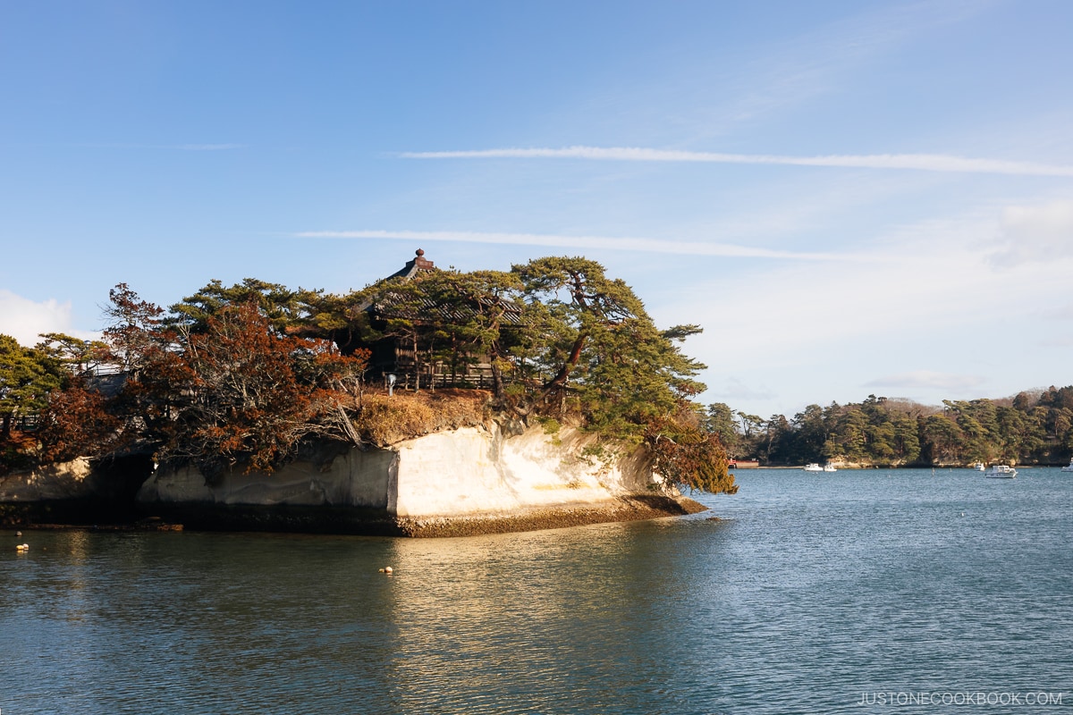 Island with a temple on a sunny day