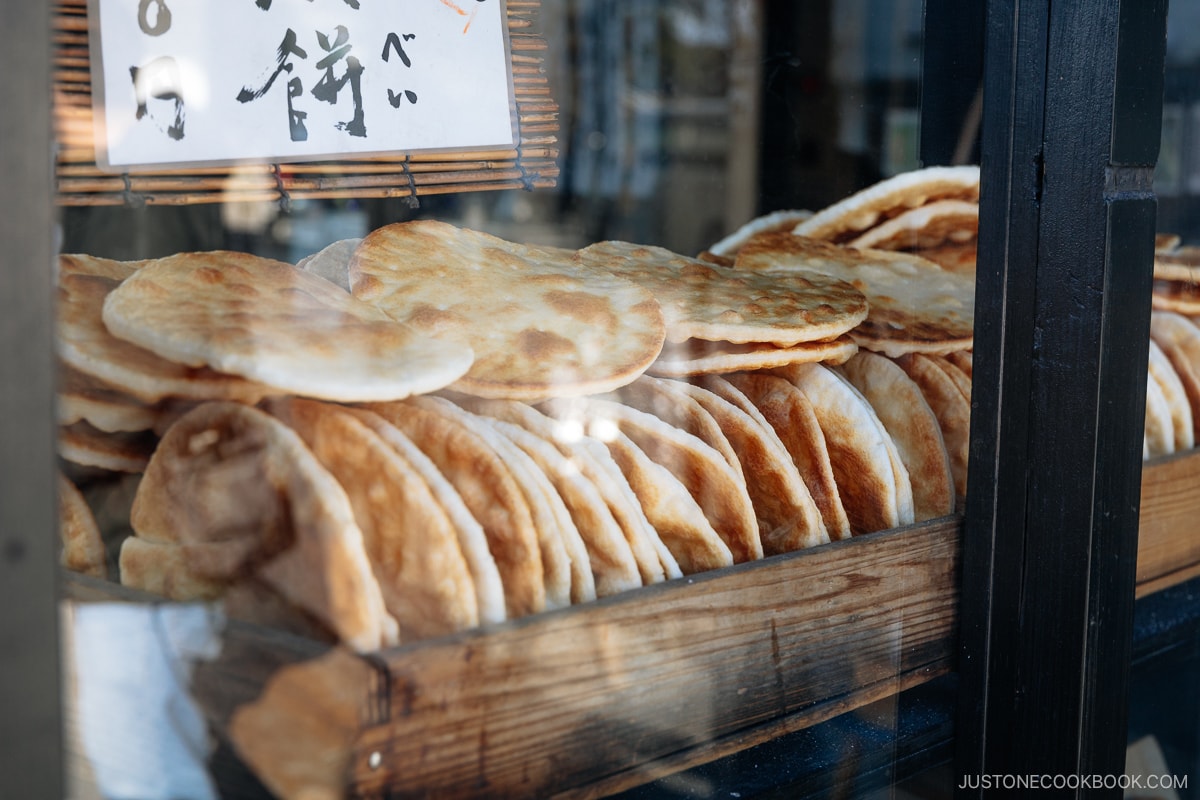 Counter filled with freshly made rice crackers