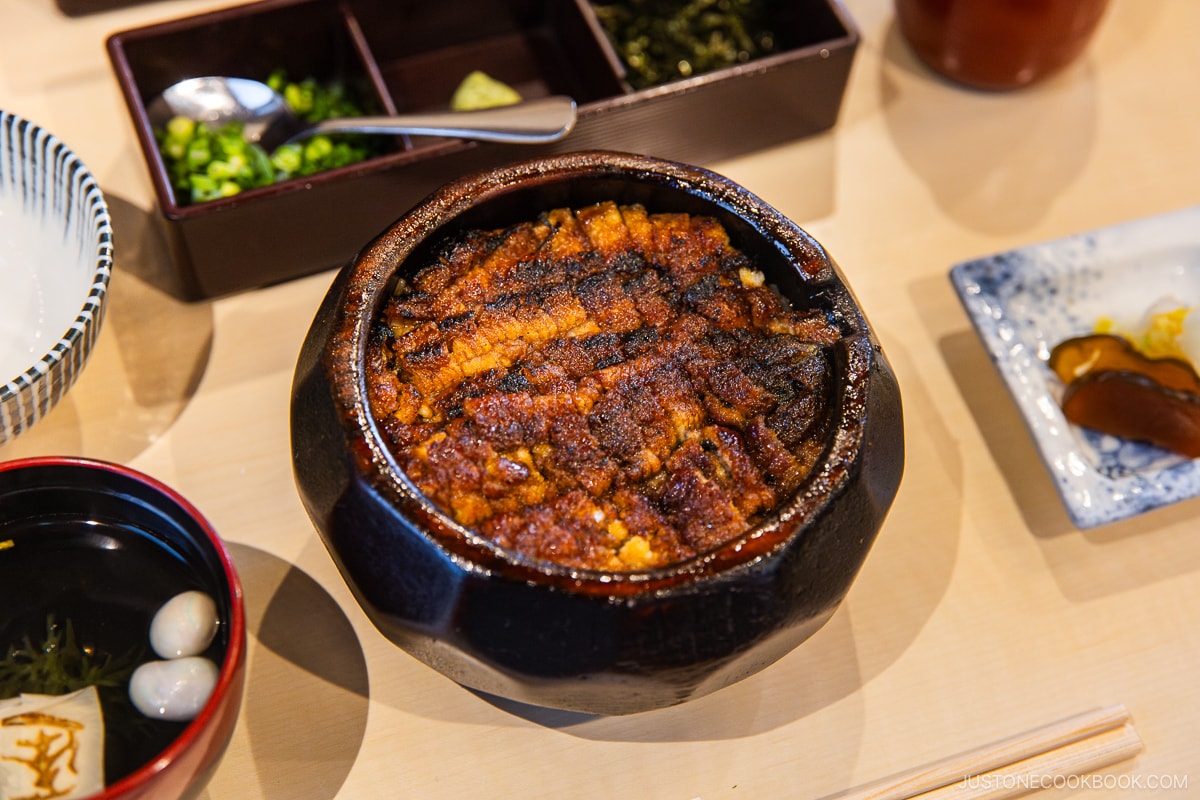 Hitsumabushi with a side of soup, pickles and various toppings