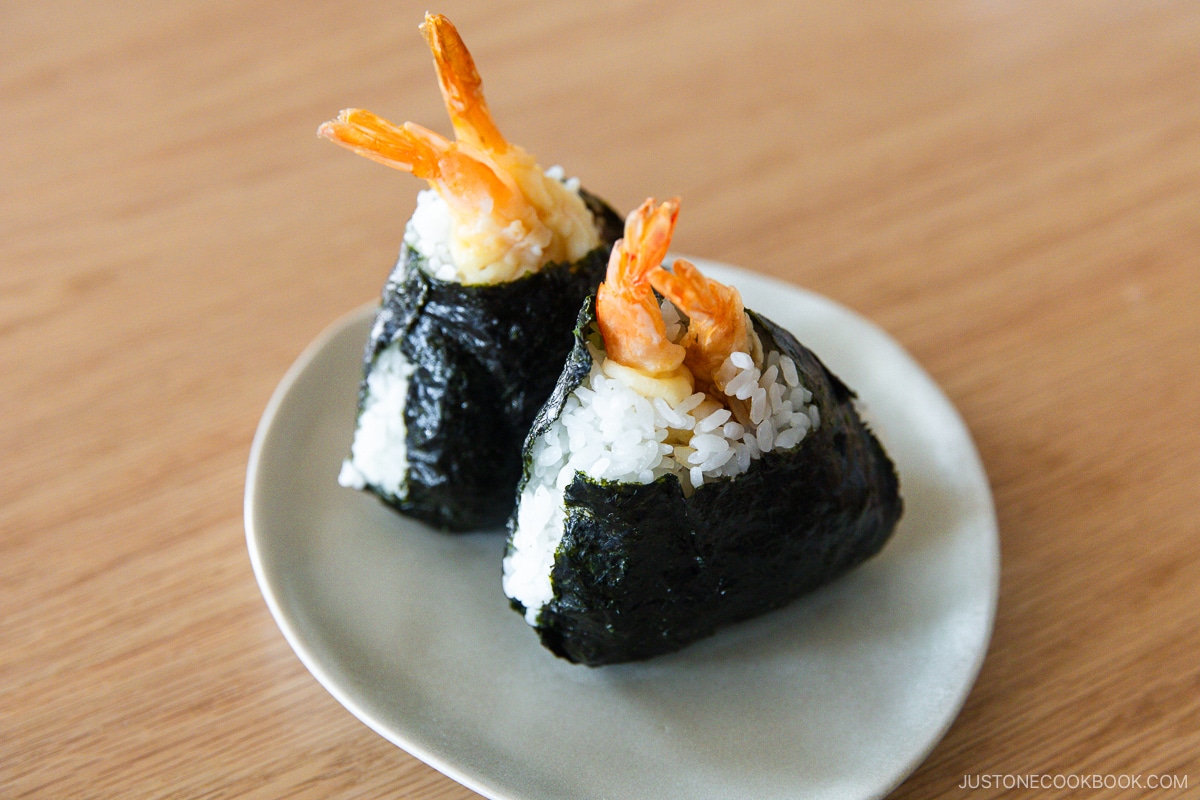Onigiri with shrimp tempura inside
