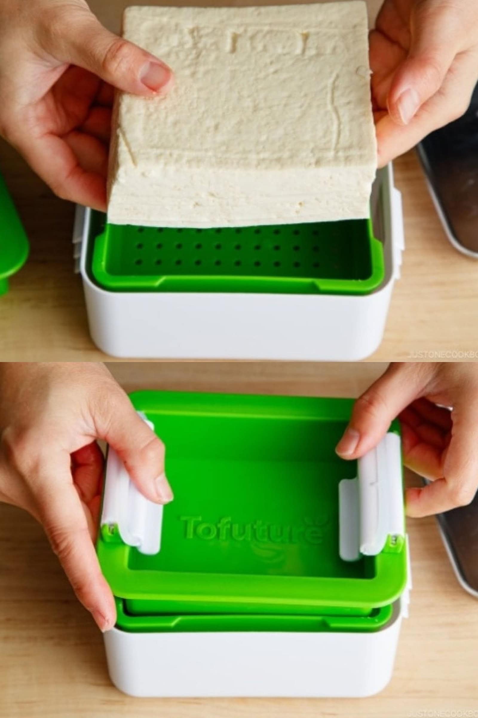 Two images: Top, hands place a block of tofu into a white plastic container with a green insert. Bottom, the container is closed with a green lid labeled Tofuture and white clasp handles—one of the best tofu presses for home use.