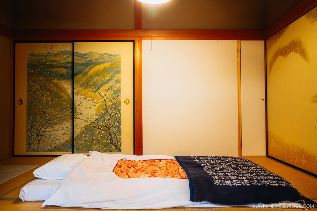 Futon bed on a tatami floor