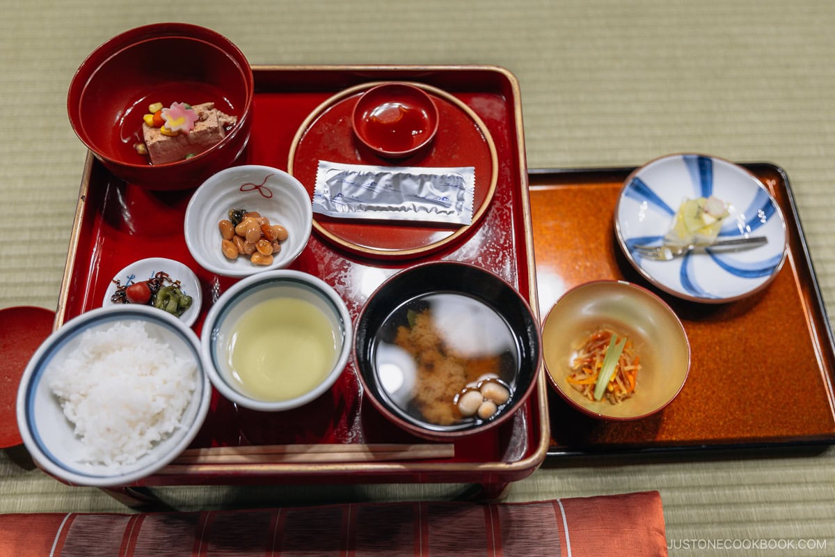 Breakfast with rice, soup, natto and vegetables