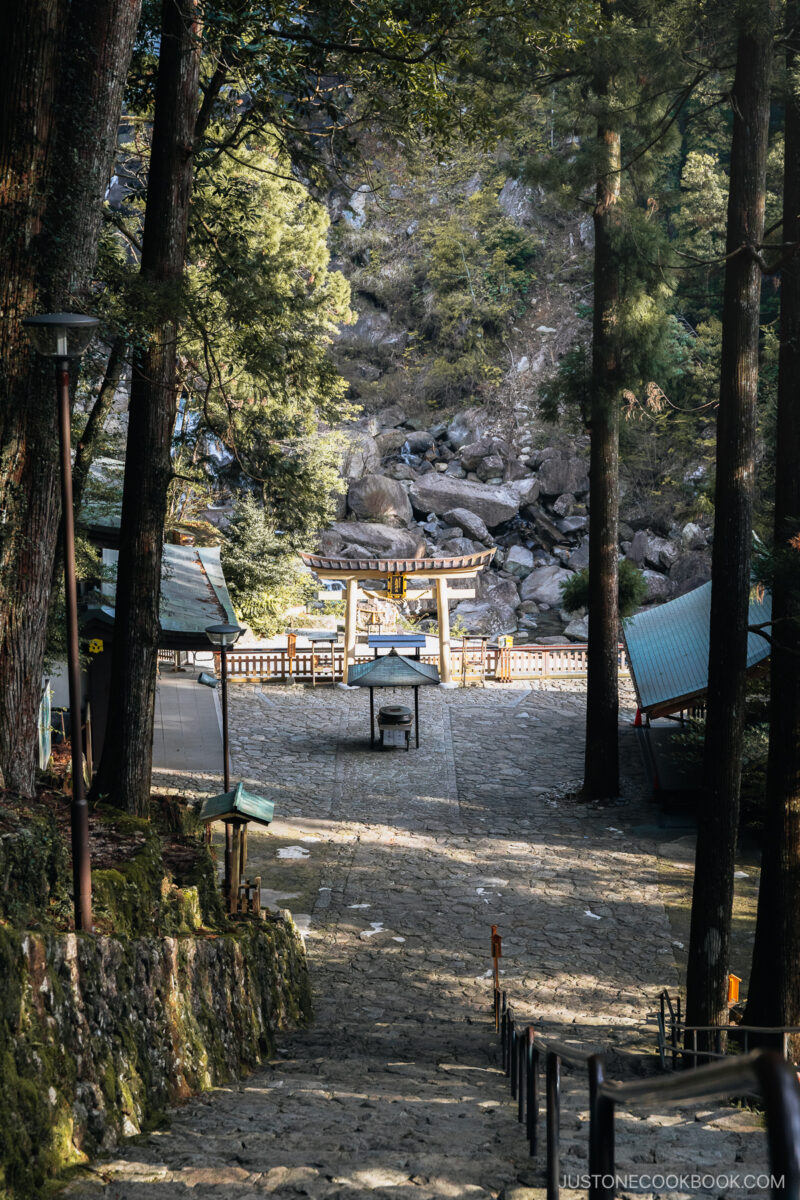 Stone stairs leading down to shrine