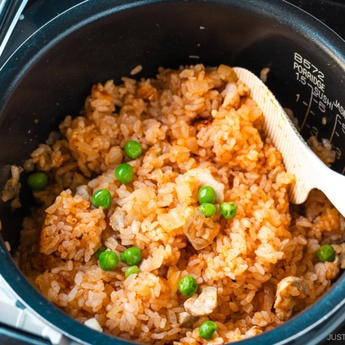 A rice cooker containing Chicken Rice, seasoned with Japanese ketchup and Worcestershire sauce.