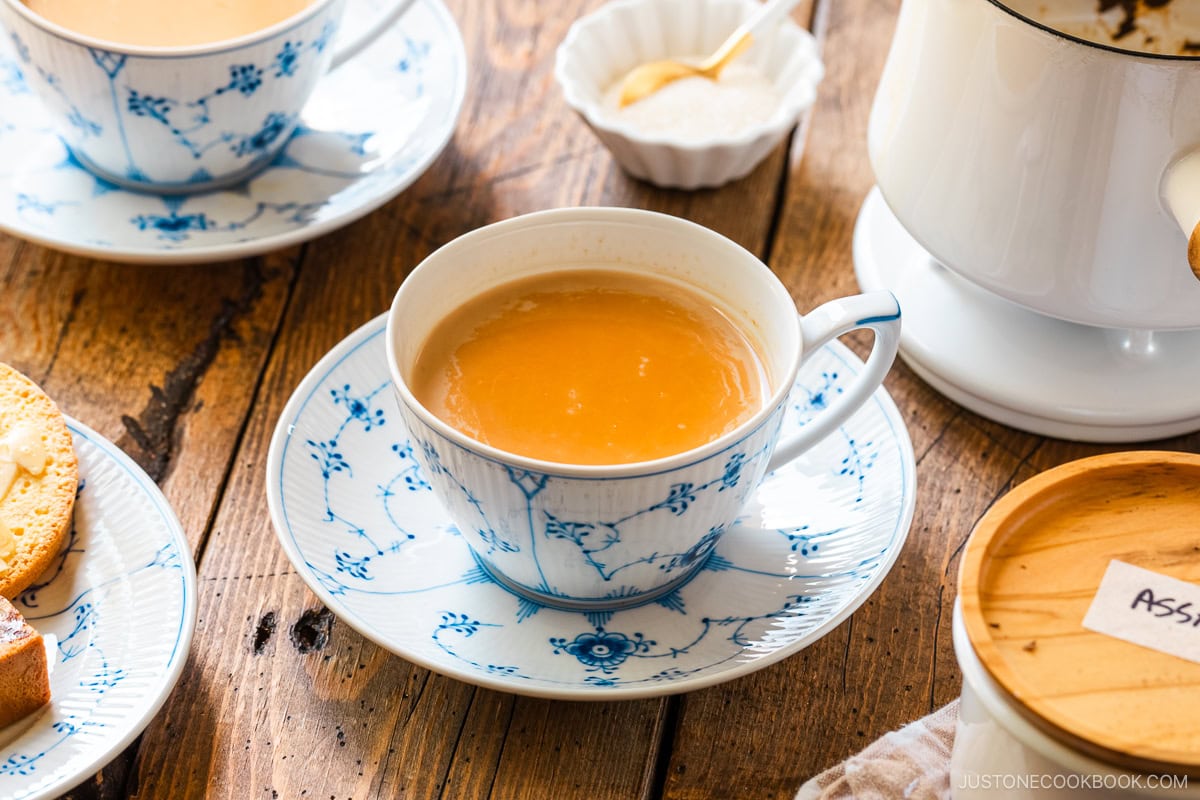 Royal Copenhagen cups containing Japanese Royal Milk Tea.