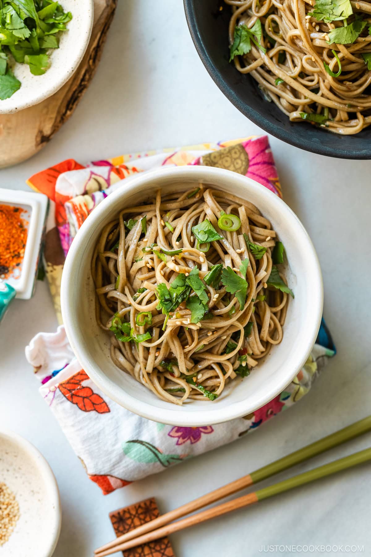 A white bowl containing Soba Noodle Salad topped with sesame seeds and chopped cilantro and green onions.