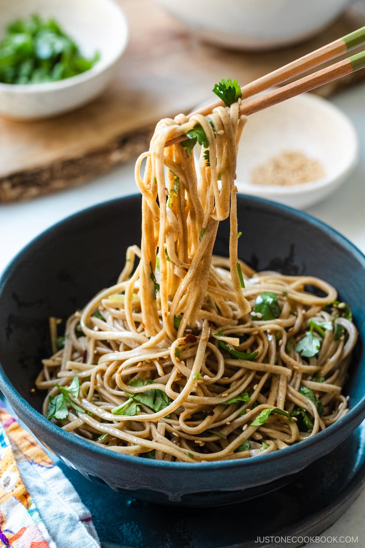 Chopsticks pulling noodles from a black bowl containing Soba Noodle Salad topped with sesame seeds and chopped cilantro and green onions.