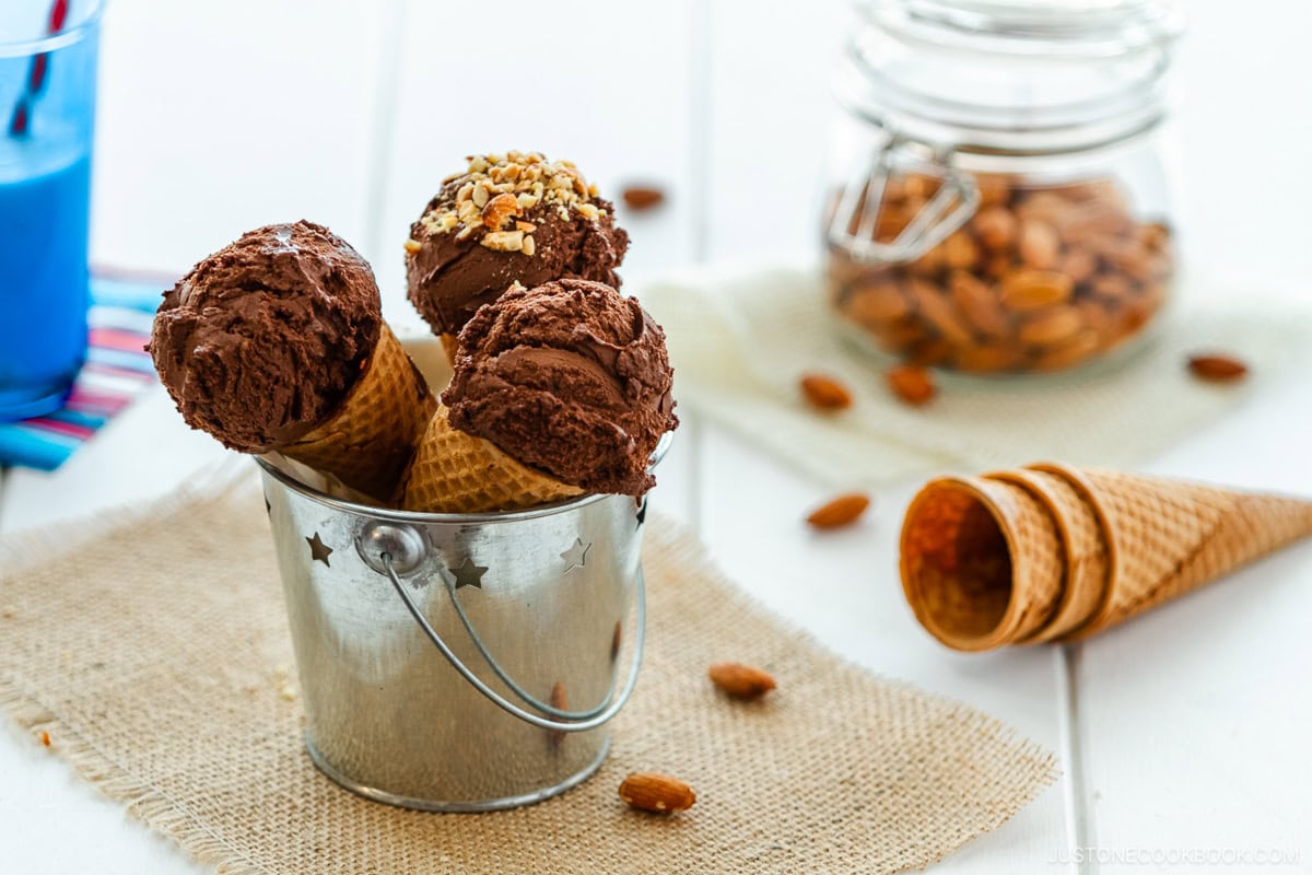 Rich chocolate ice cream in waffle cones.