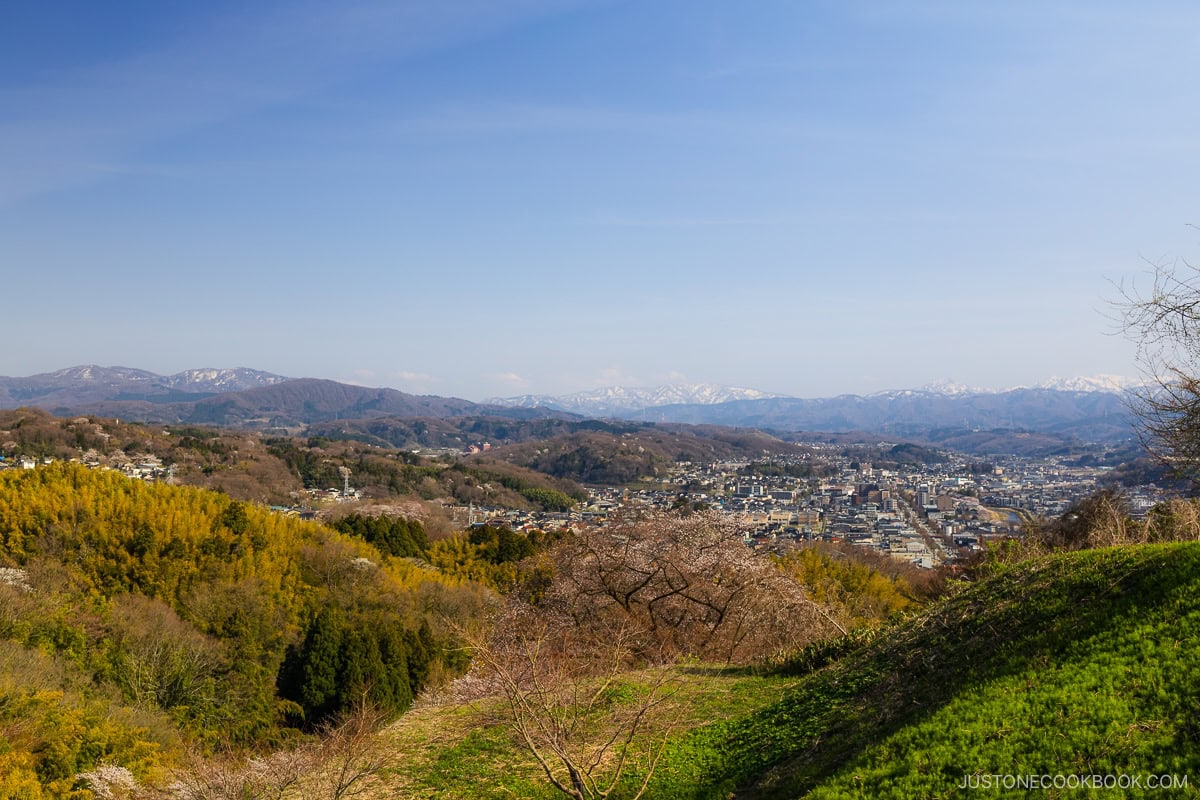 View over Kanazawa with snowy mountains in the background