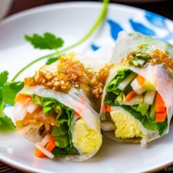 A white plate containing Pork Spring Rolls with Ponzu.