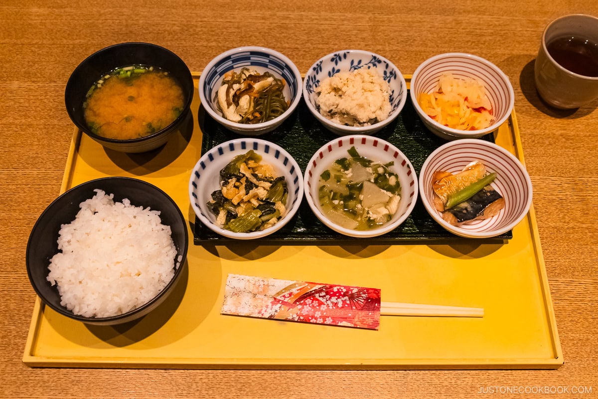 Morning set meal with 6 small dishes, rice, and miso soup