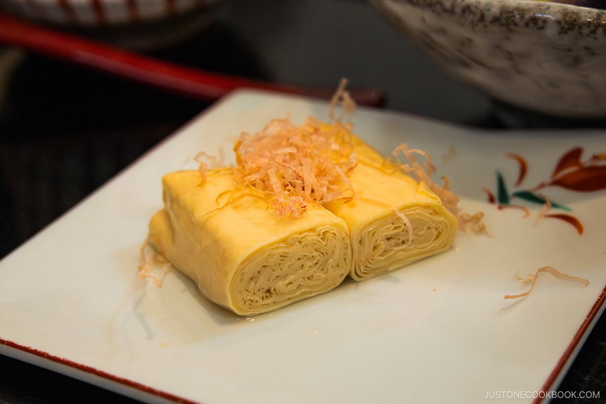 Yuba topped with dried bonito flakes