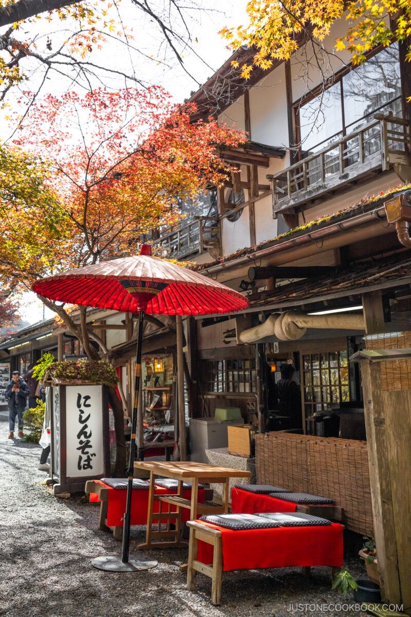 Outside restaurant seating under autumn leaves