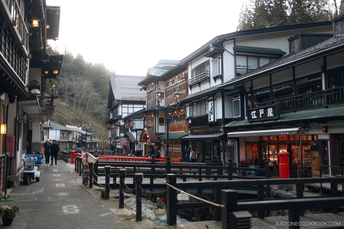 Hot spring town illuminated at night