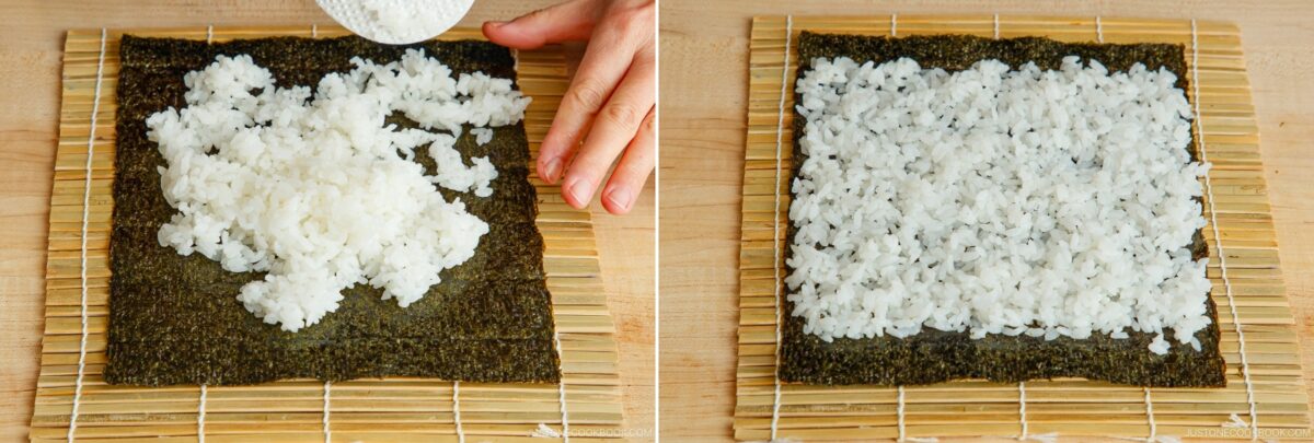 Two-panel image showing sushi-making: on the left, rice is being placed onto a sheet of nori on a bamboo mat; on the right, the rice is evenly spread over the nori, just like preparing ehomaki for rolling.