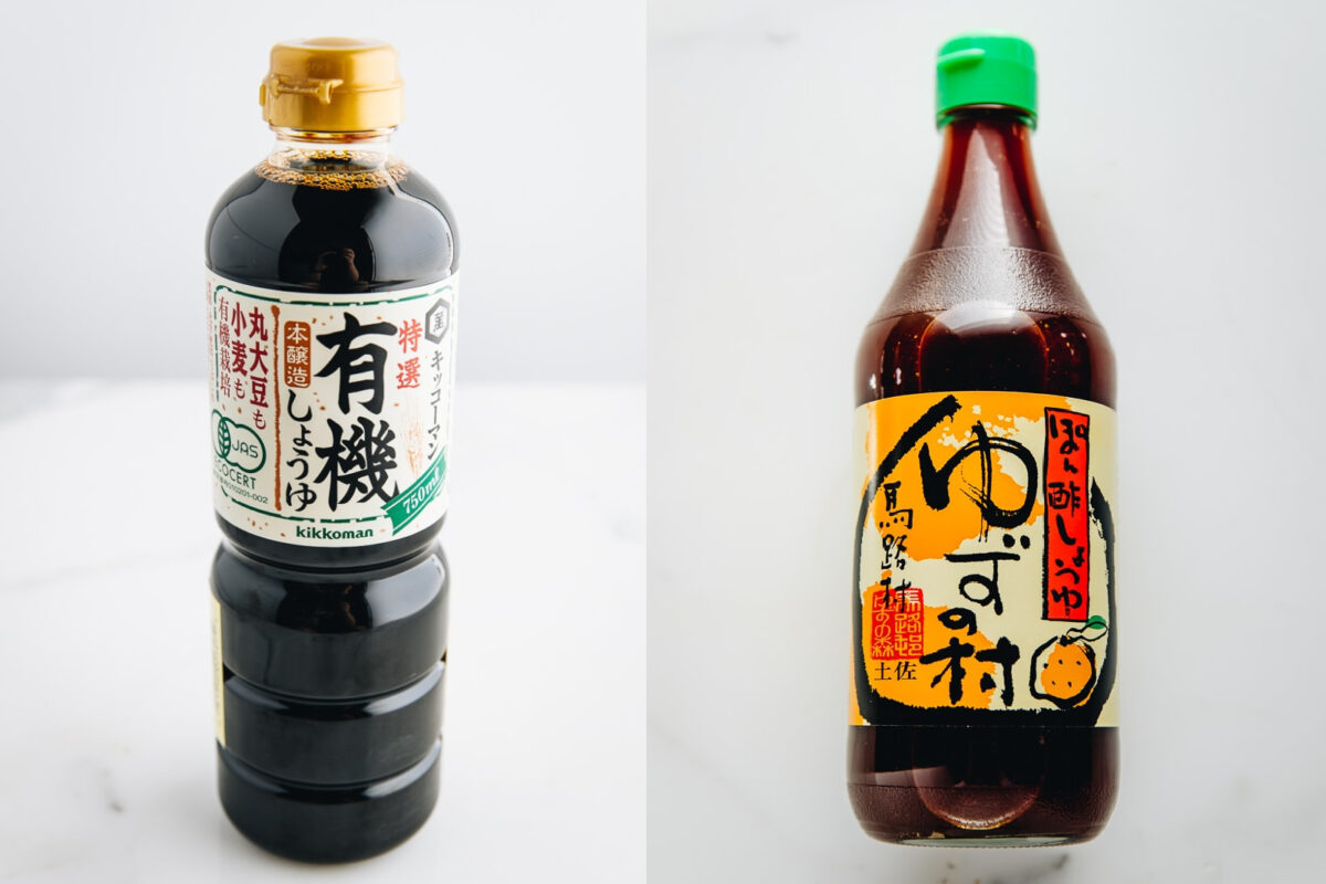 a side by side collage of ponzu sauce and soy sauce
