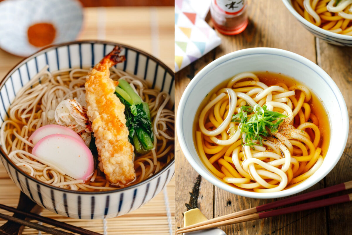a collage of soba soup and udon soup