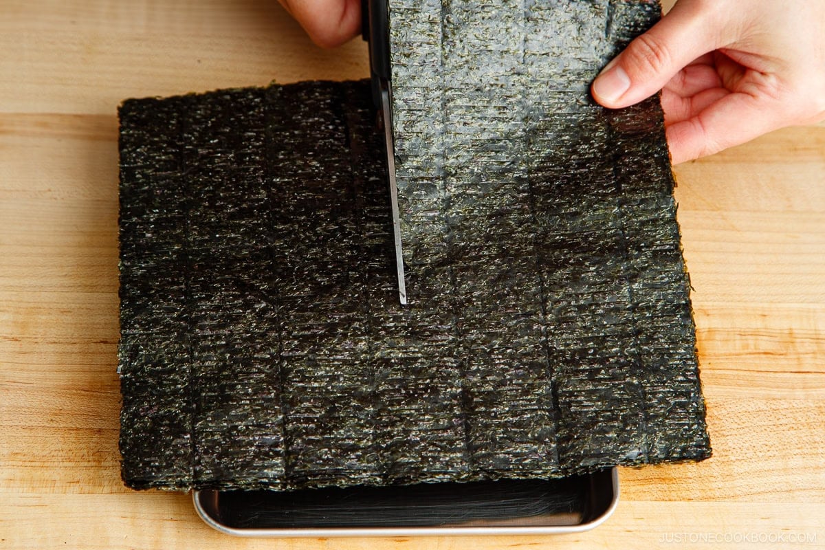 cutting nori into half sheet