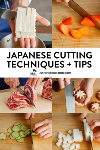 a collage of images showcasing different styles of Japanese Cutting Techniques for vegetables and meat.