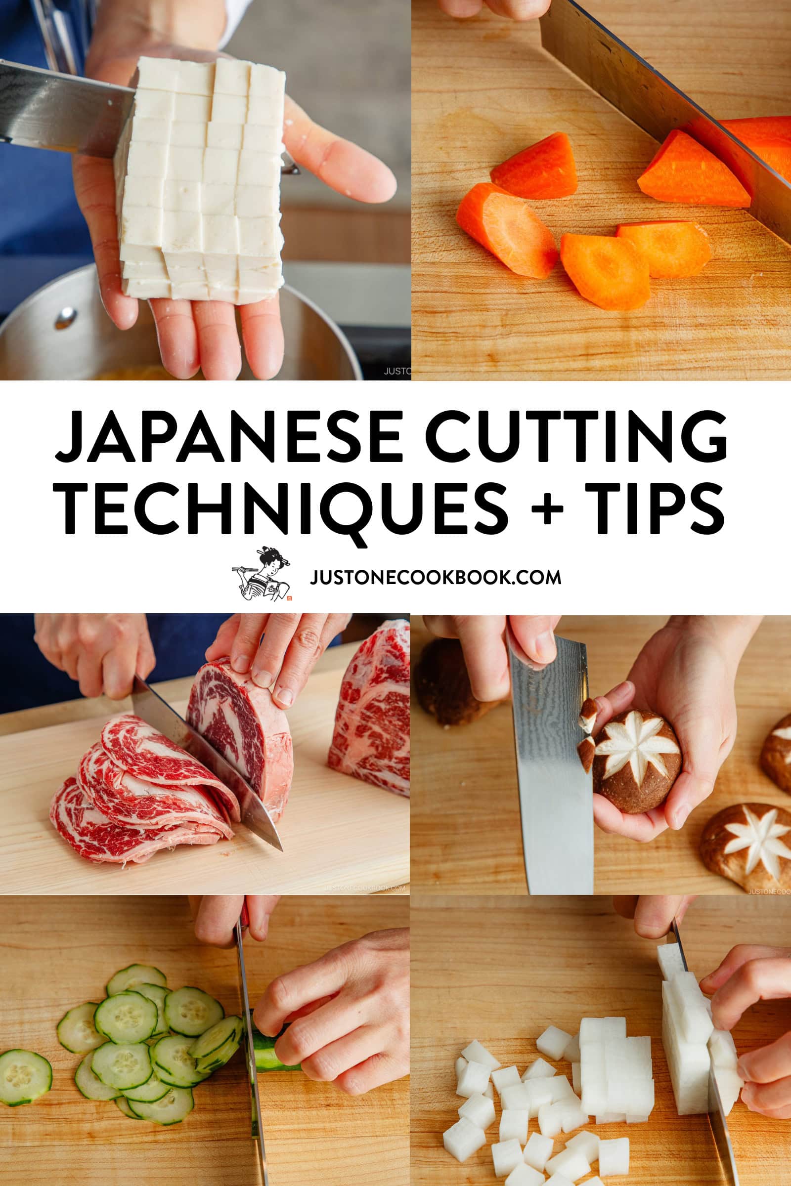 a collage of images showcasing different styles of Japanese Cutting Techniques for vegetables and meat.